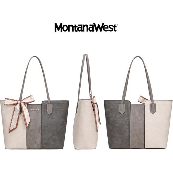 Women Beige Grey Imported Vegan Leather Top Handle Polyester Lining Tote Bags - Picture 3 of 4